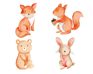 Fototapeta premium Cute Faceless Fox and Rabbit Watercolor Set