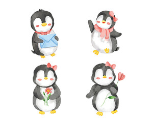 Fototapeta premium Cute Faceless Penguin Watercolor Set
