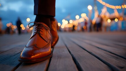 A stylish man in brown leather dress shoes walks confidently along a wooden boardwalk at dusk with blurred lights adding ambiance.