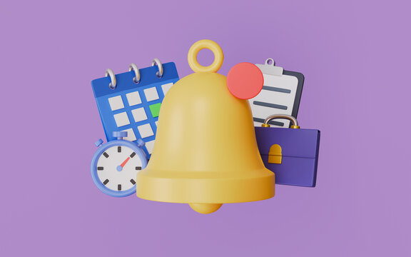 Bell icon with a calendar, Work notification, job reminder, stopwatch, clipboard and briefcase 3d illustration
