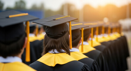 View from behind of students in graduation gowns and caps at the ceremony during daytime, row of academic achievements under sunlight.