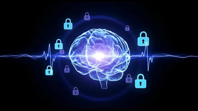 Digital brain hologram with security padlocks and glowing energy pulse. Animated EEG waveform symbolizing mental protection and privacy.