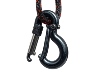 Close up of a black carabiner clip with transparent background isolated design