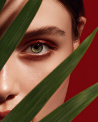 Woman's beautiful green eye peeking through tropical leaves