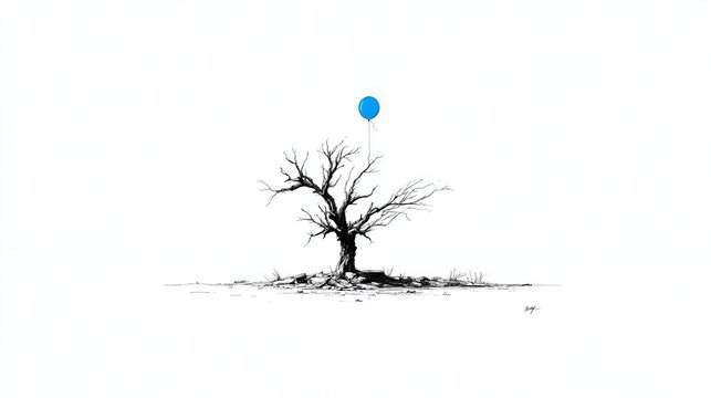 A blue balloon is tied to a bare, leafless tree in the middle of nowhere on a vast, clear white background creating a bleak landscape.