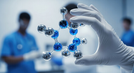 A scientist in a lab coat holds a blue and silver molecular model, showcasing science and medical research in a bright laboratory environment. 