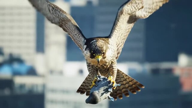 A peregrine falcon soars through the urban skyline, carrying its prey.