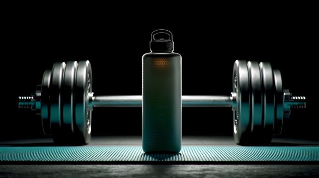 Fitness still life presents a water bottle resting atop a workout mat with a barbell and dumbbells on a black background for health and wellness.