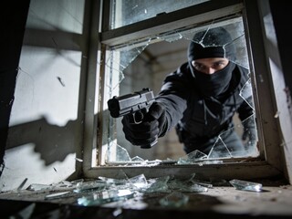 Dramatic, low-angle shot of a masked burglar aiming a pistol through a shattered window.