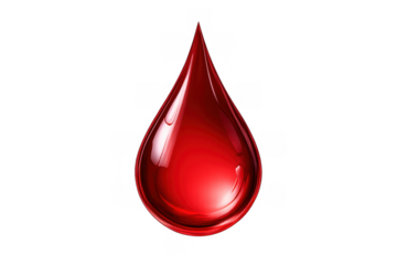 Red blood drop symbolizing donation, medicine, health, and life with glossy liquid texture on transparent background