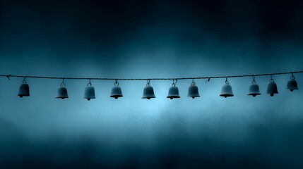 Row of weathered metal bells hang on a wire against an obscured dark and moody blue toned background creating a serene visual experience.