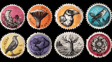 vintage nature postage stamps, retro bird and plant stamp set, antique illustrated stamps collection
