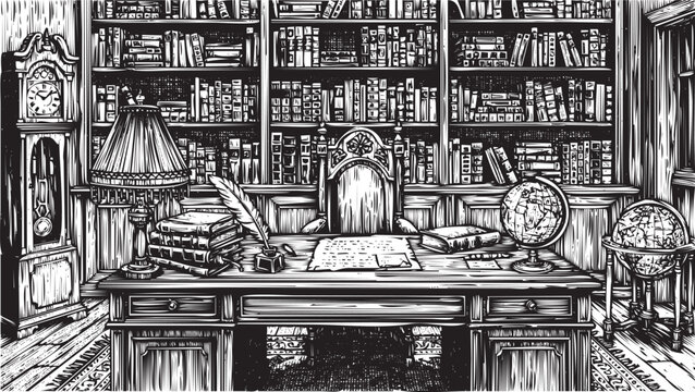Vintage study room with desk, bookshelves, and antique clock, old-fashioned workspace with lamp and globe