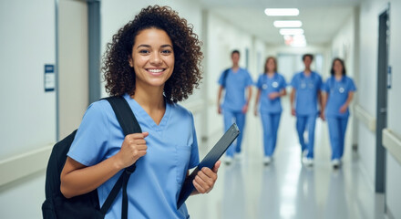 A smiling young nurse wearing a backpack and scrubs stands in a bright hospital corridor, with a medical team in blue scrubs walking in the background.
