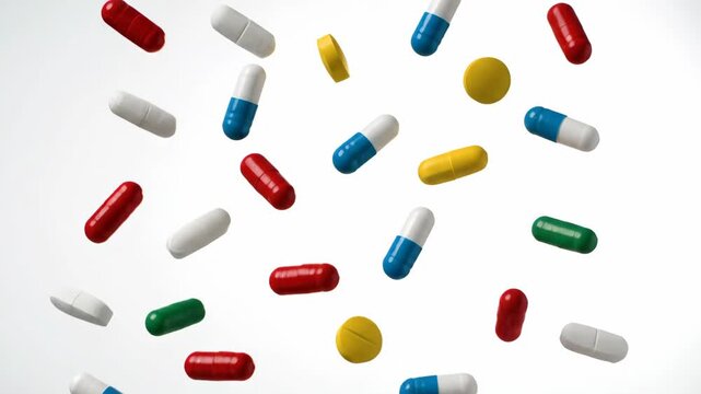 Assortment of multi-colored pharmaceutical capsules and tablets falling in slow motion against a bright white background, representing medicine and healthcare.