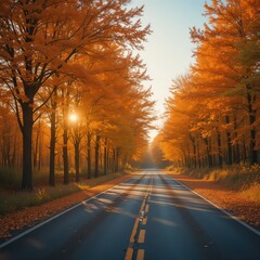 Serene autumn road stretching through vibrant orange forest at sunrise