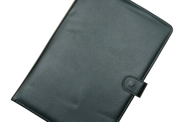 Black leather notebook resting on a flat surface with a simple design and no visible details