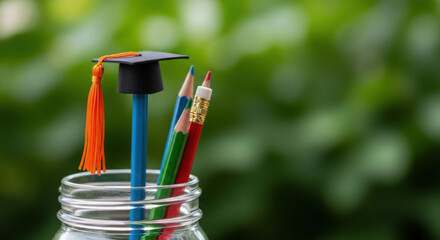 A tiny graduation cap sits atop a blue pencil surrounded by other writing instruments in a glass jar, set against a soft green blurred backdrop, emphasizing learning and academic success.