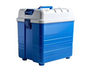 Portable cooler with blue and white color scheme on transparent background