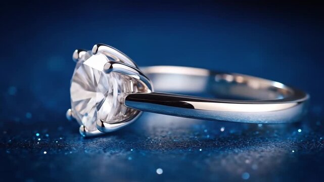 Elegant solitaire ring features a large, brilliant round cut stone in a shiny metal setting.