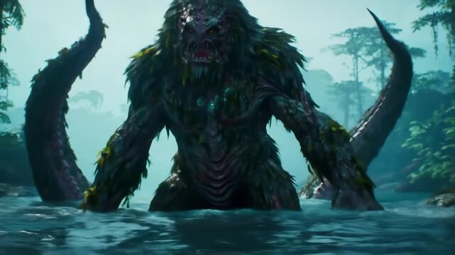 A colossal, aquatic creature emerges from the murky water, its overgrown form a menacing sight.