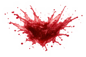 Red substance exploding, dynamic fruit juice splash, vibrant liquid splatter, flowing carmine paint, isolated transparent background