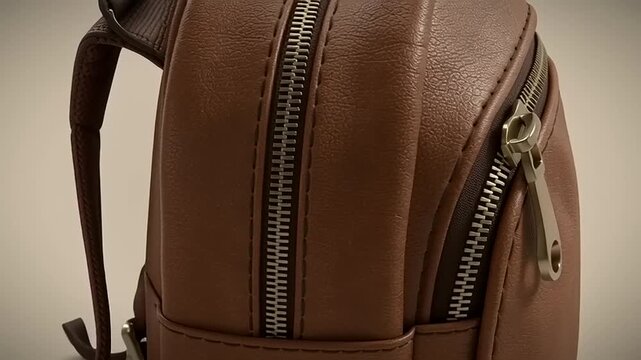 Close up of a brown leather bag with metallic zipper and stitching details