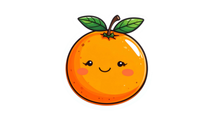 Cartoon Orange Fruit with Smiling Face and Green Leaves on a Transparent Background