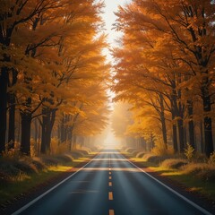 Autumn road stretching through vibrant orange trees at sunrise