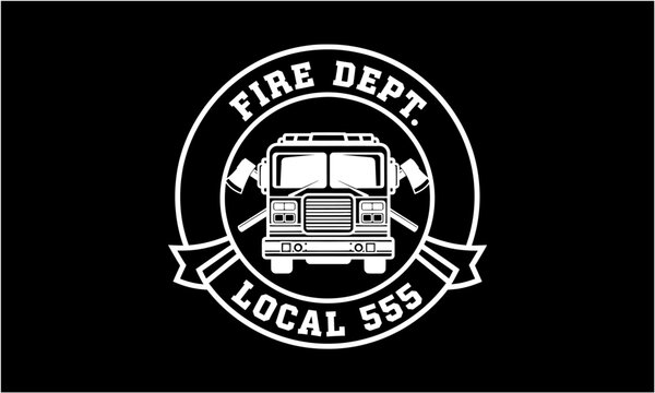Fire Department Local 555 Emblem with Fire Truck and Axes.