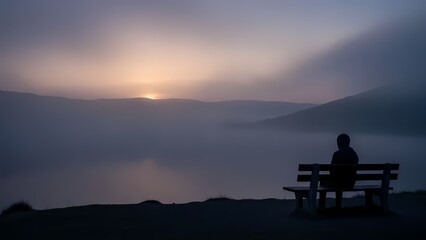 Silhouette of a person sitting on a bench overlooking a misty mountain valley at sunrise