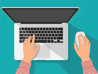 Top view vector illustration of hands in a red plaid shirt typing on a laptop and using a mouse on a teal background, representing freelance or remote office work