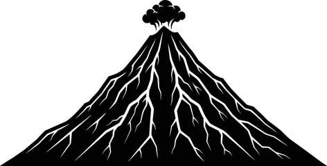 Black volcanic mountain silhouette vector illustration with erupting volcano, lava cracks, dramatic geology icon isolated on white background, minimal flat design style © Sarsoti