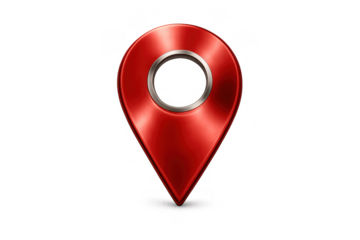 Red metallic map pin finding location, destination, and travel point, symbolizing navigation and gps tracking
