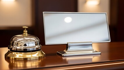 Hotel Reception Desk with Bell and Blank Signage.