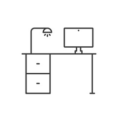 Computer workspace icon, desktop setup line vector illustration