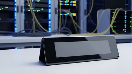 Modern Data Center Server Room with Network Equipment and Display.