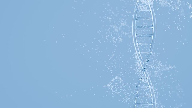 Abstract DNA structure with floating particles for biotechnology, molecular genetic research, and advanced medical science on clean blue background. Seamless loop. Created using non-AI 3d software