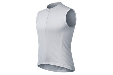 White sleeveless cycling gilet with a front zipper, a blank sportswear apparel mockup on a transparent background