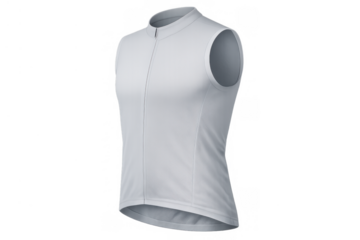 White sleeveless cycling gilet with a front zipper, a blank sportswear apparel mockup on a transparent background