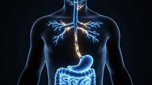 P354-Silhouette of human body highlighting brain vagus nerve and digestive tract representing gut brain 4K 10s
