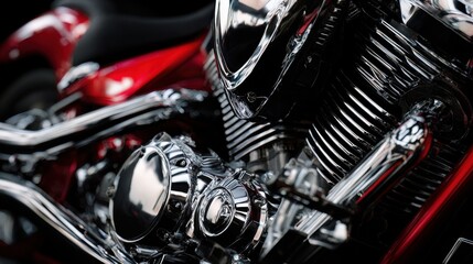 Close-up of a vibrant chrome motorcycle engine