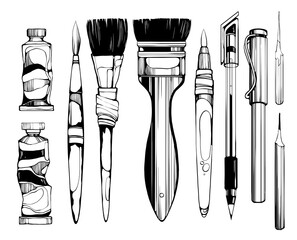 Sketching kit of hand-drawn art tools in black-and-white line art, including pens, brushes and nibs and paints with expressive contours, graphic contrast, isolated on white background.