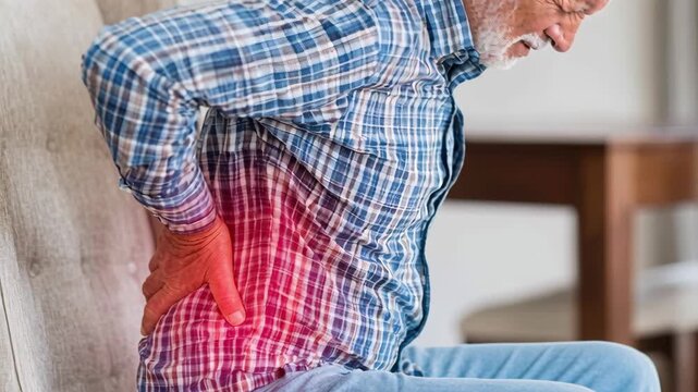 An elderly man is sitting on a chair and experiencing severe lower back pain, indicated by a red glow on his back.