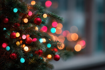 Festive Christmas tree with colorful bokeh lights and red ornament ball decorations creating warm cozy holiday glow