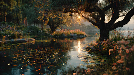 AI Artificial Intelligence for Mental Health. serene landscape with digital overlays of calming patterns and AI-generated elements, AI use in creating environments conducive to mental wellness