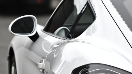 Sleek white sports car side mirror rear quarter panel glossy paint aerodynamic curve coupe window door handle modern design reflection luxury