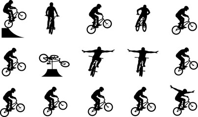 Obraz premium BMX cycling stunt silhouette vector set, freestyle bike tricks jumping riding action poses collection for extreme sports and urban motion design isolated on white background