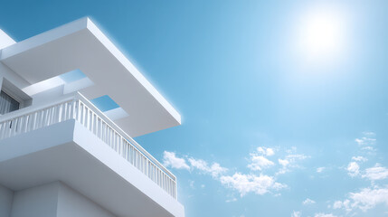 Modern white house balcony bright blue sky with sun and scattered clouds, clean exterior and minimalist architecture evoking calm summer atmosphere