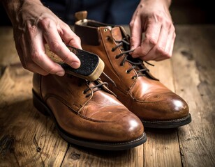 Hands polish worn leather boots on wooden surface, lacing up the other